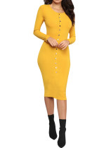 Yellow Long Sleeve Bodycon Dress Button Front Comfortable Fabrics