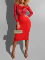 Red Round Collar Patchwork Bodycon Dress Fitness Woman Beautifully Designed