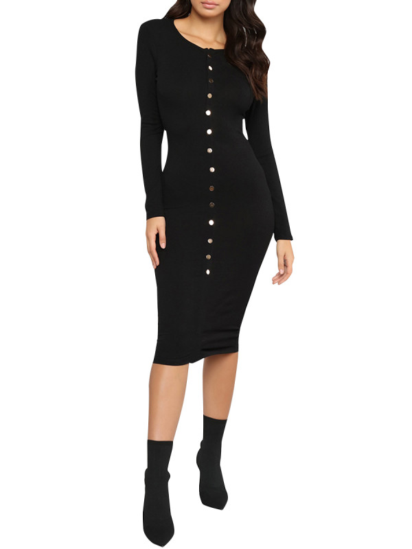 Fitted Black Front Button Full Sleeve Bodycon Dress On-Trend Fashion Leisure Time