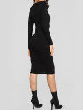 Fitted Black Front Button Full Sleeve Bodycon Dress On-Trend Fashion Leisure Time