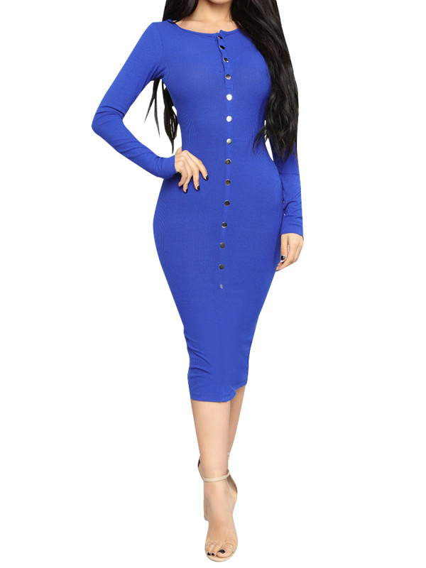 Fitted Women Blue Round Neck Bodycon Dress Long-Sleeved Leisure Time