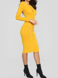 Yellow Long Sleeve Bodycon Dress Button Front Comfortable Fabrics