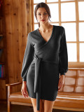 Black Tie Waist Bodycon Dress Long Sleeves Versatile Item Elegant Fashion