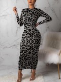 Full-Sleeved Bodycon Dress Round Neck Leopard Pattern Unique Fashion