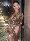 Gold Bodycon Dress High-Low Hem Sequin Fashion Style For Playing
