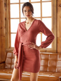 Pink Lantern Sleeves V Collar Bodycon Dress Versatile Item Fashion Style