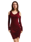 Loose Wine Red Pleated Bodycon Dress Mini Length Fit