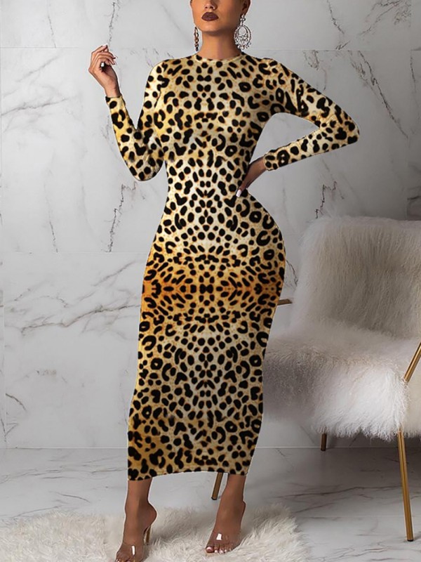 Angel Round Neck Leopard Pattern Bodycon Dress Casual Fashion