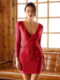 Red Full Sleeves Bodycon Dress Deep V neck For Vacation Elegant Fashion