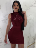 Red Sleeveless Sequin Zipper Bodycon Dress Fit Comfortable Fabric