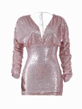 Pink Open Back Drawstring Bodycon Dress Sequin Leisure  Versatile Item Elegant Fashion