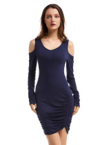 Fitting Dark Blue Bodycon Dress V Collar Full SleeveLoose Fashion Design