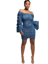 Elegance Blue Solid Color Off-Shoulder Bodycon Dress Beautifully Designed