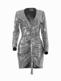 Silver V Neck Tie Full Sleeve Bodycon Dress Beautifully Designed