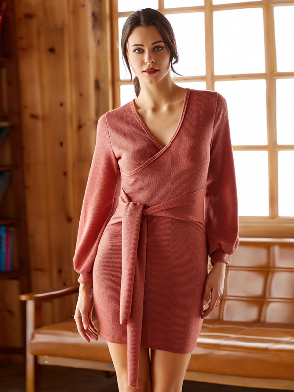 Pink Lantern Sleeves V Collar Bodycon Dress Versatile Item Fashion Style