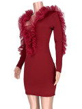Wine Red Ruffle Solid Color Mini Bodycon Dress Elegant Fashion Style