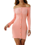 Pink Full Sleeve Bodycon Dress Front Button Comfortable Fabric Leisure Fashion