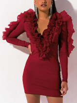 Wine Red Ruffle Solid Color Mini Bodycon Dress Elegant Fashion Style
