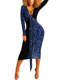 Blue Deep V Neck Bodycon Dress Long-Sleeved On-Trend Fashion Style