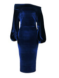 Deep Blue Velvet Midi Bodycon Dress Long Sleeves Comfortable Fabric