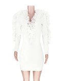 White V Neck Ruffle Long Sleeve Bodycon Dress Comfortable Fabric