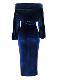 Deep Blue Velvet Midi Bodycon Dress Long Sleeves Comfortable Fabric