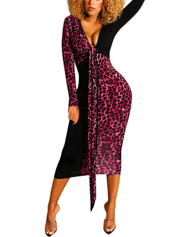 Ravishing Red Colorblock Leopard Tie Bodycon Dress Natural Fit