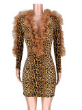 Flattering Leopard Printed Bodycon Dress V Collar Ladies Elegance