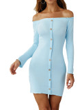 Vintage Light Blue Single-Breasted Mini Bodycon Dress For Female