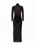 Black Mesh Bodycon Dress Split Long Sleeve Comfortable Fabric Sexy Style