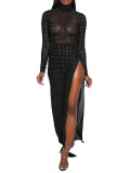 Black Mesh Bodycon Dress Split Long Sleeve Comfortable Fabric Sexy Style