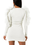 White V Neck Ruffle Long Sleeve Bodycon Dress Comfortable Fabric