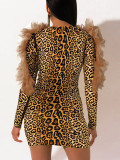 Flattering Leopard Printed Bodycon Dress V Collar Ladies Elegance