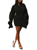 Black Round Neck Long Sleeve Bodycon Dress Leisure Fashion Style