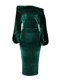 Kinetic Blackish Green Lantern Sleeve Bodycon Dress Solid Color Classic Dress
