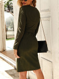 Army Green Waist Knot Bodycon Dress Button V-Neck Fashion Styles