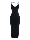Black Solid Color Bodycon Dress Deep-V Comfortable Fabric For Work