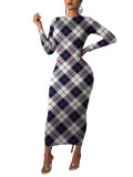 Form-Fitting Full Sleeve Plaid Pattern Bodycon Dress Womenswear