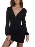 Black Deep-V Long Sleeve Bodycon Dress Comfortable Fabric Snug Fit 