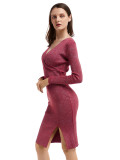 Wine Red Sequin Side Slit Bodycon Dress Comfortable Fabric Leisure Fashion