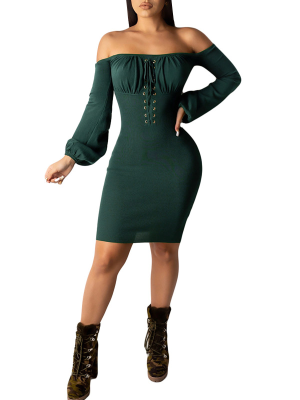 Green Off Shoulder Puff Sleeve Bodycon Dress Comfortable Fabric Fashion Styles