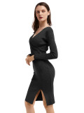 Black Solid Color Bodycon Dress Midi Length Modern Fashion