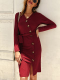 Wine Red Bodycon Dress Front Slit Full Sleeve Versatile Item Comfortable Fabric