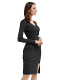 Black Solid Color Bodycon Dress Midi Length Modern Fashion