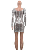 Silver Glitter Bodycon Dress Plunge Collar Lady Dress Weekend Time