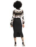 Black Totem Floral Print Top And Pencil Skirt Leisure Fashion Style