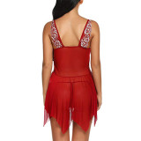 Red Babydoll Lace Plunge Neck Asymmetrical Hem Comfort