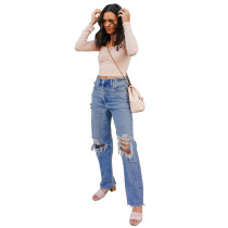 Blue Ripped Jeans Straight Leg Pockets Fast Shipping