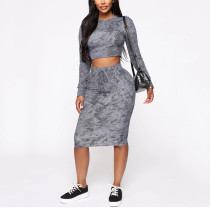 Gray Crop Shirt High Rise Midi Skirt Comfort Fabric