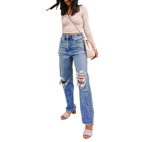 Blue Ripped Jeans Straight Leg Pockets Fast Shipping